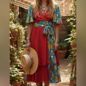 NWT Silk Boho Tiered Smocked Wrap Dress By Guru Sz Small Medium Canadian